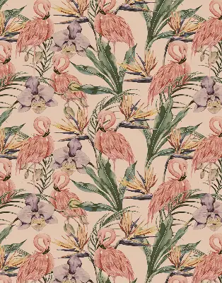 Blackout roller blind for window with flamingos and flowers print