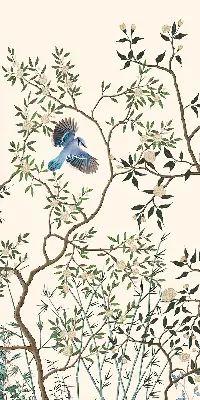 Fabric window roller blind with birds on a tree print