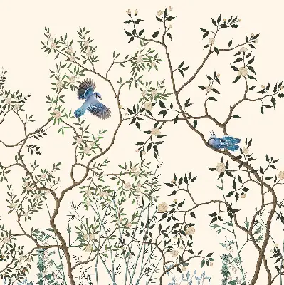 Fabric window roller blind with birds on a tree print