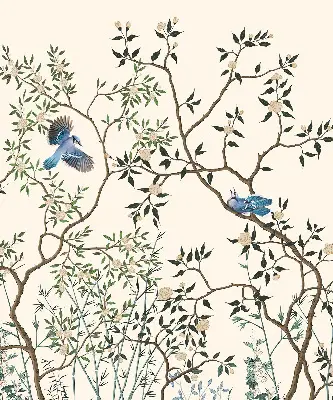 Fabric window roller blind with birds on a tree print
