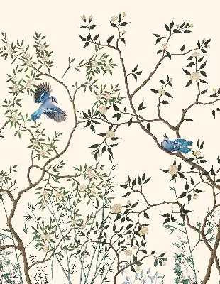 Fabric window roller blind with birds on a tree print