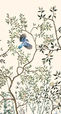 Fabric window roller blind with birds on a tree print