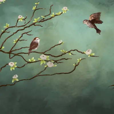 Blackout roller blind birds on a branch pattern