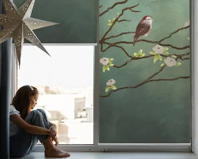 Blackout roller blind birds on a branch pattern