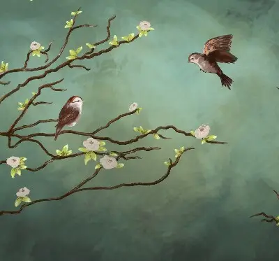 Blackout roller blind birds on a branch pattern