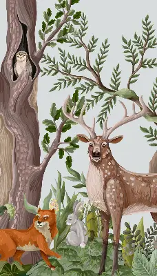 Blackout roller blind with forest animals print