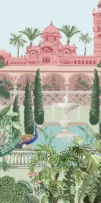 Blackout roller blind featuring a palace with a garden print