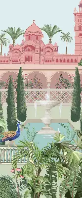 Blackout roller blind featuring a palace with a garden print