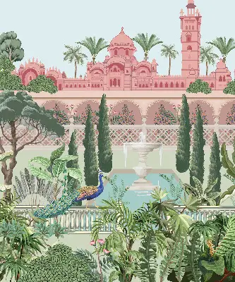Blackout roller blind featuring a palace with a garden print