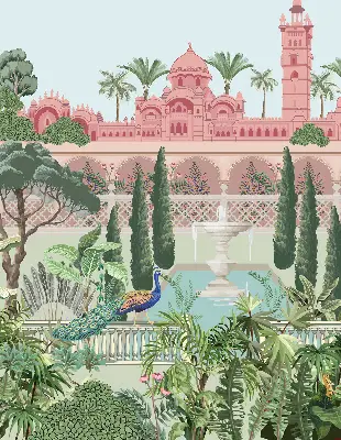 Blackout roller blind featuring a palace with a garden print