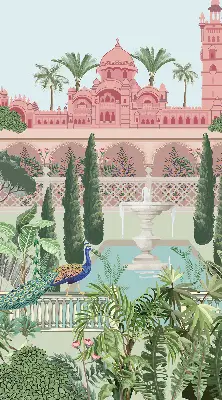 Blackout roller blind featuring a palace with a garden print