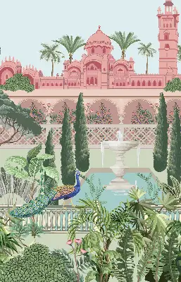 Blackout roller blind featuring a palace with a garden print