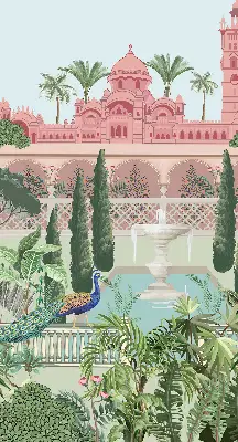 Blackout roller blind featuring a palace with a garden print