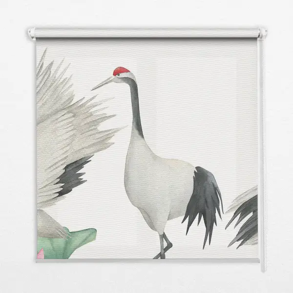 Blackout roller blind with cranes in the lilies print