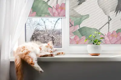 Blackout roller blind with cranes in the lilies print