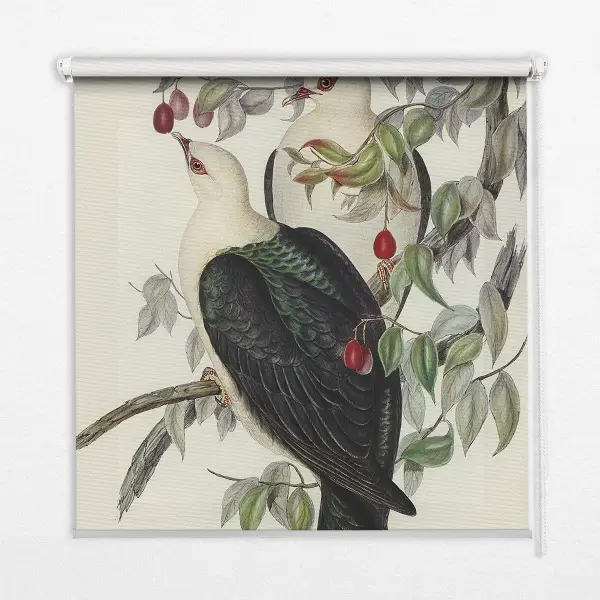 Fabric roller blind for window birds on a branch pattern