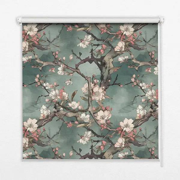Blackout roller blind with floral tree pattern