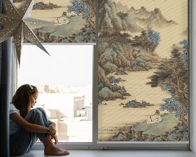 Fabric roller blind for window mountains print