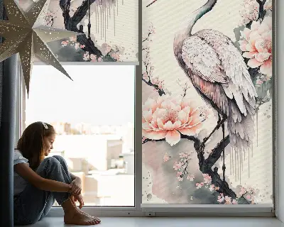 Blackout roller blind for window heron in flowers print