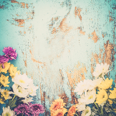 Fabric roller blind for window Flowers on a blue background