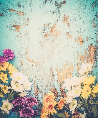 Fabric roller blind for window Flowers on a blue background