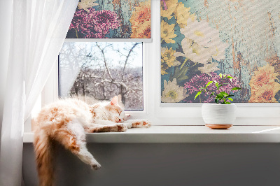 Fabric roller blind for window Flowers on a blue background
