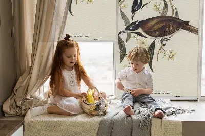 Blackout roller blind for window with birds on a tree pattern