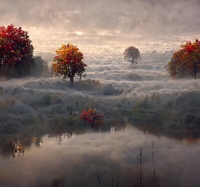 Fabric roller blind for window Trees in the fog