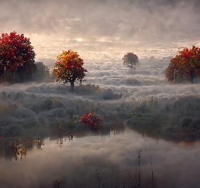 Fabric roller blind for window Trees in the fog