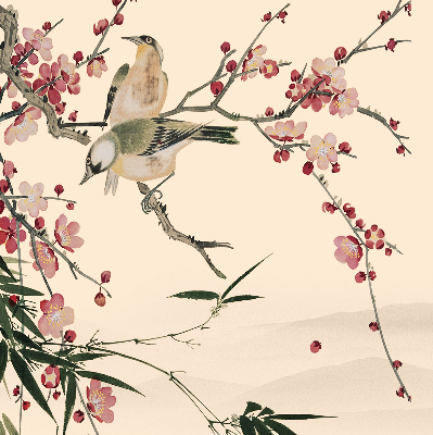 Blackout roller blind with cherry blossom and bird print