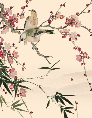 Blackout roller blind with cherry blossom and bird print