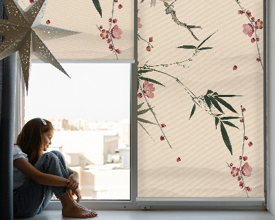 Blackout roller blind with cherry blossom and bird print