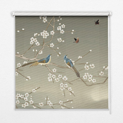 Blackout roller blind for window with birds on a branch print