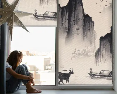 Fabric roller blind for window rocks pattern