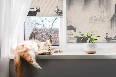 Fabric roller blind for window rocks pattern