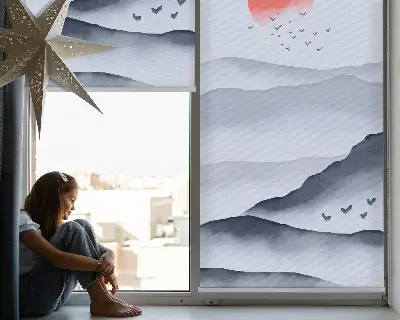 Fabric roller blind for window mountains in the fog design