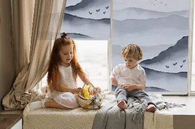 Fabric roller blind for window mountains in the fog design