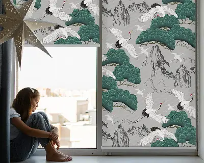 Blackout roller blind with flying cranes print
