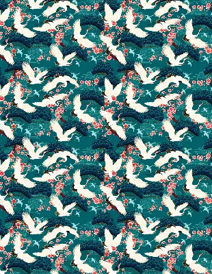Fabric roller blind for window with A flock of cranes design