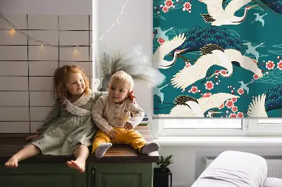 Fabric roller blind for window with A flock of cranes design