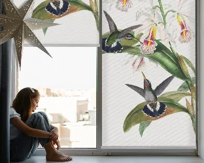 Blackout roller blind with a birds on a flower print