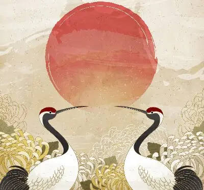 Blackout roller blind with a cranes at sunset print