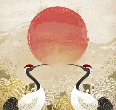 Blackout roller blind with a cranes at sunset print