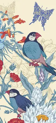 Fabric roller blind for window birds among the flowers design
