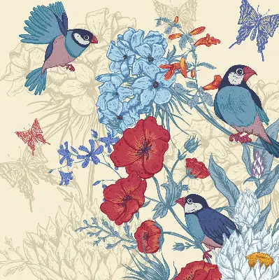 Fabric roller blind for window birds among the flowers design