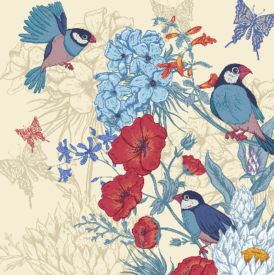 Fabric roller blind for window Birds among the flowers