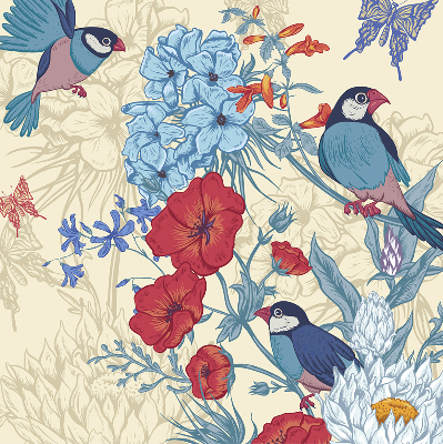 Fabric roller blind for window Birds among the flowers