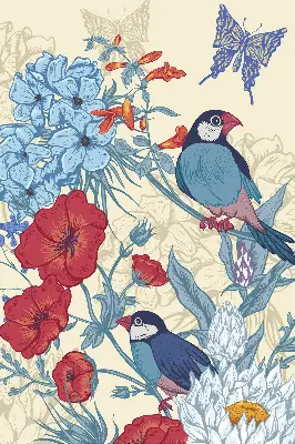Fabric roller blind for window birds among the flowers design