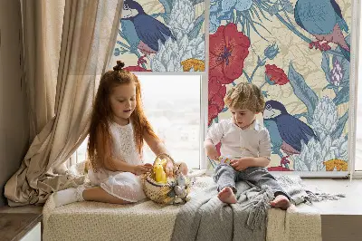 Fabric roller blind for window birds among the flowers design