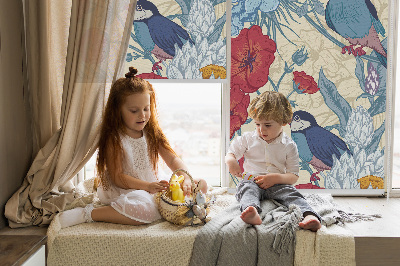 Fabric roller blind for window Birds among the flowers